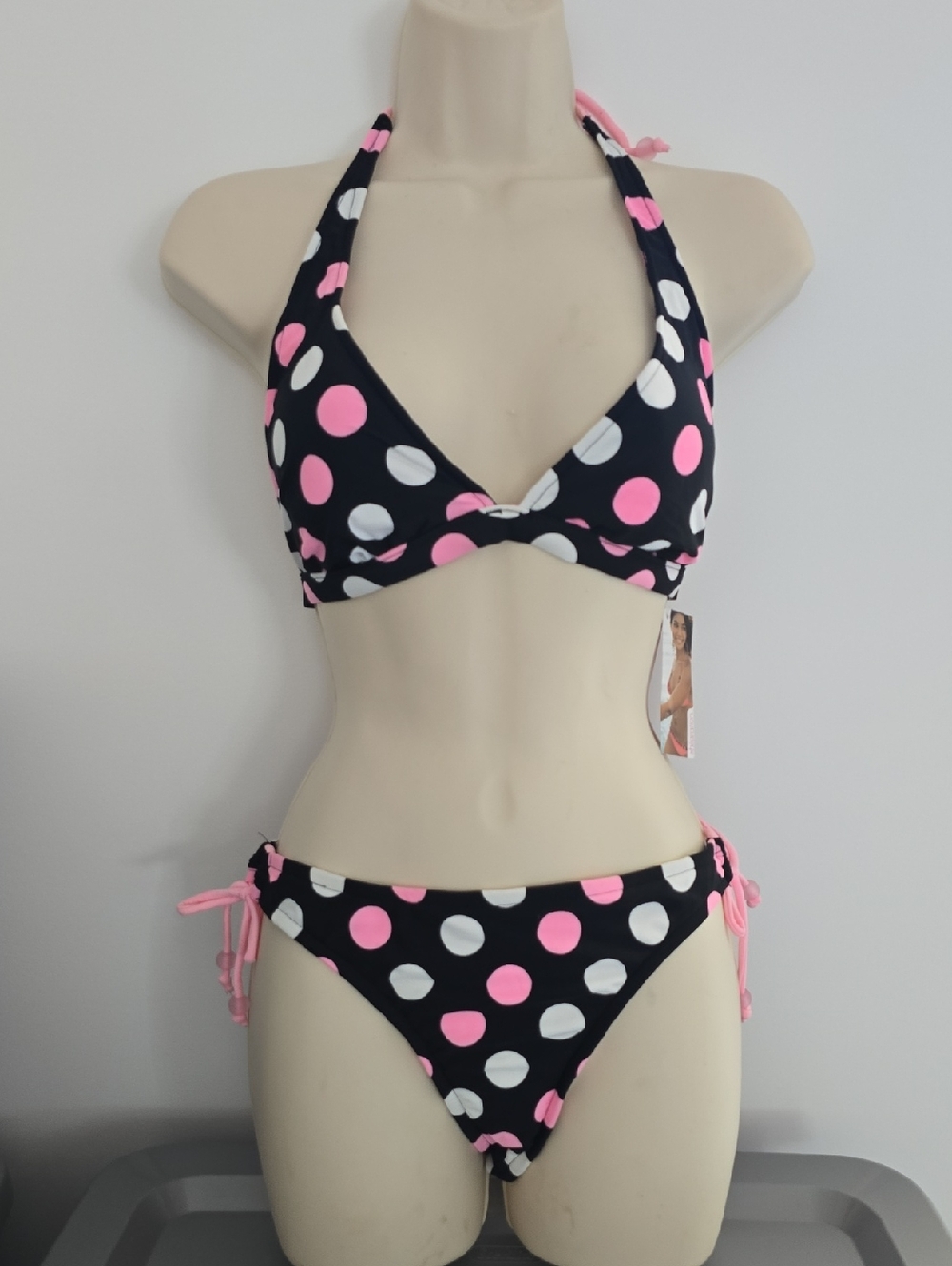 Xhilaration Black Halter Bikini with Pink & White Polka Dots